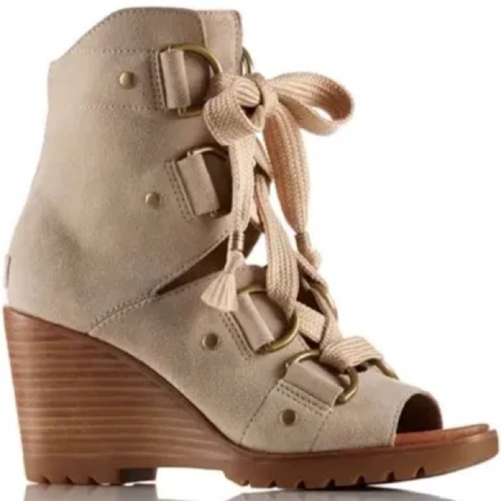 Sorel After Hours Suede Lace Up Wedge Ankle Boot Sandals Size 9.5